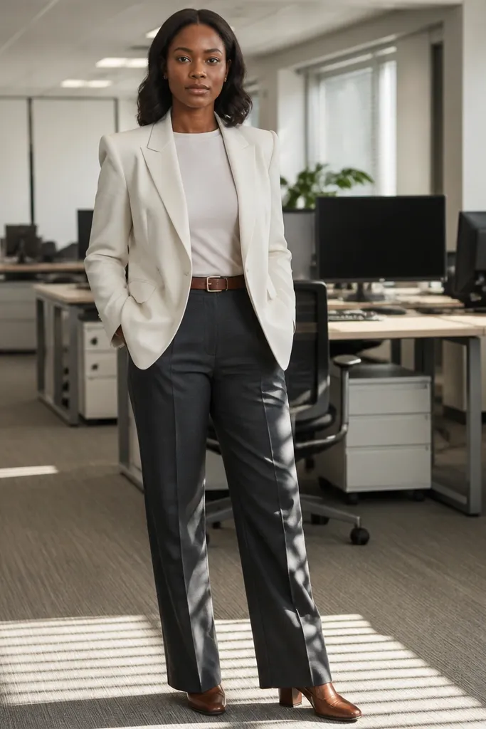 Cream blazer with charcoal straight-leg trousers and tan loafers