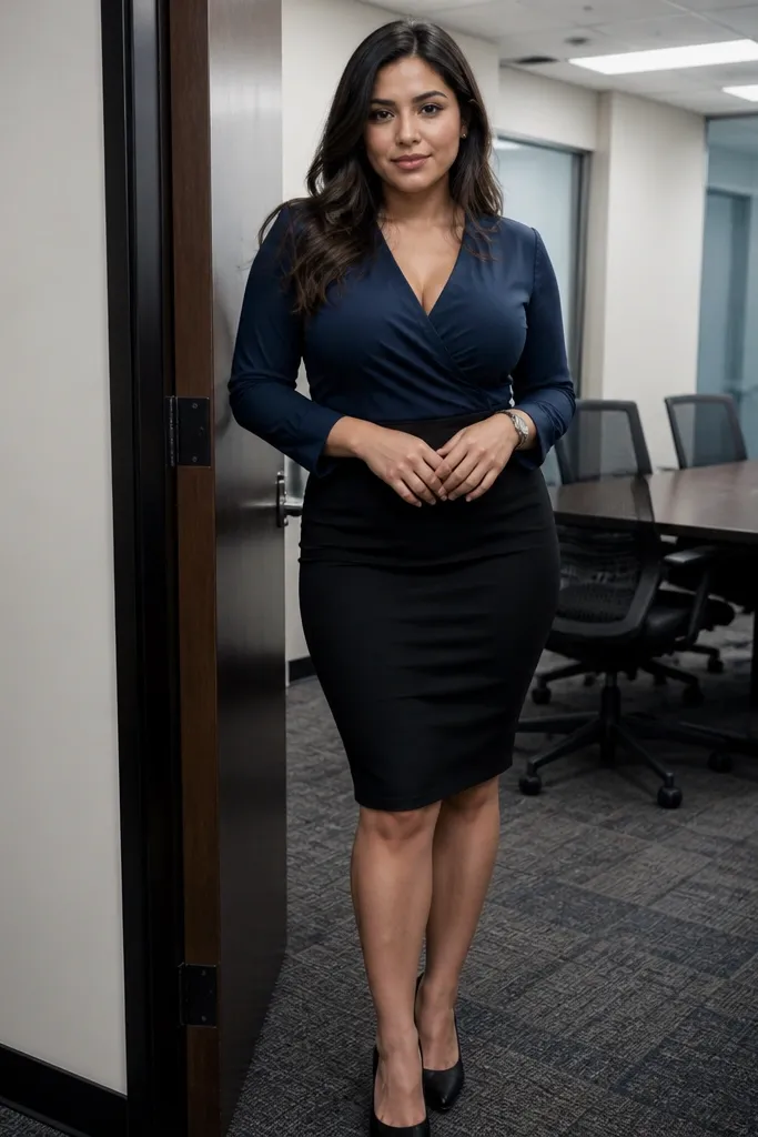 Navy wrap blouse with a black pencil skirt and nude pumps
