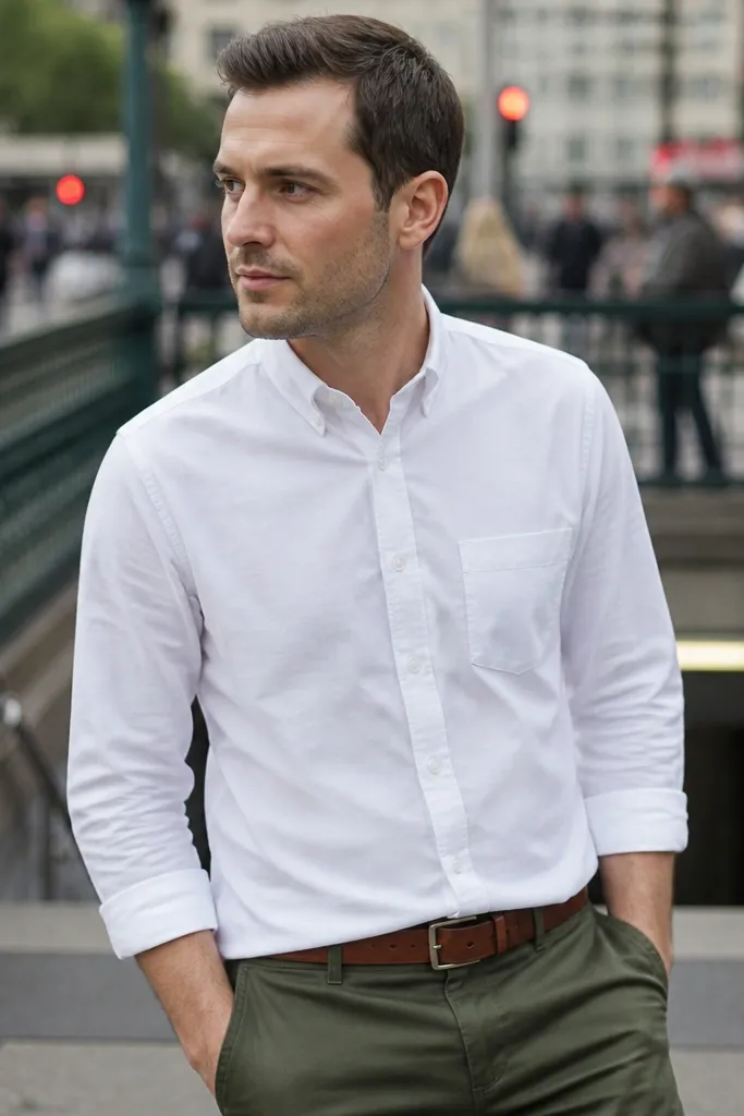 White Oxford shirt with olive chinos and a brown belt