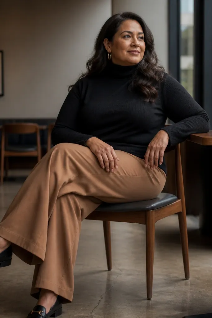 Black turtleneck sweater with camel wide-leg trousers and black loafers