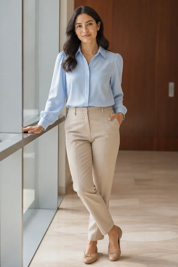 Light blue blouse with beige straight trousers and ballet flats