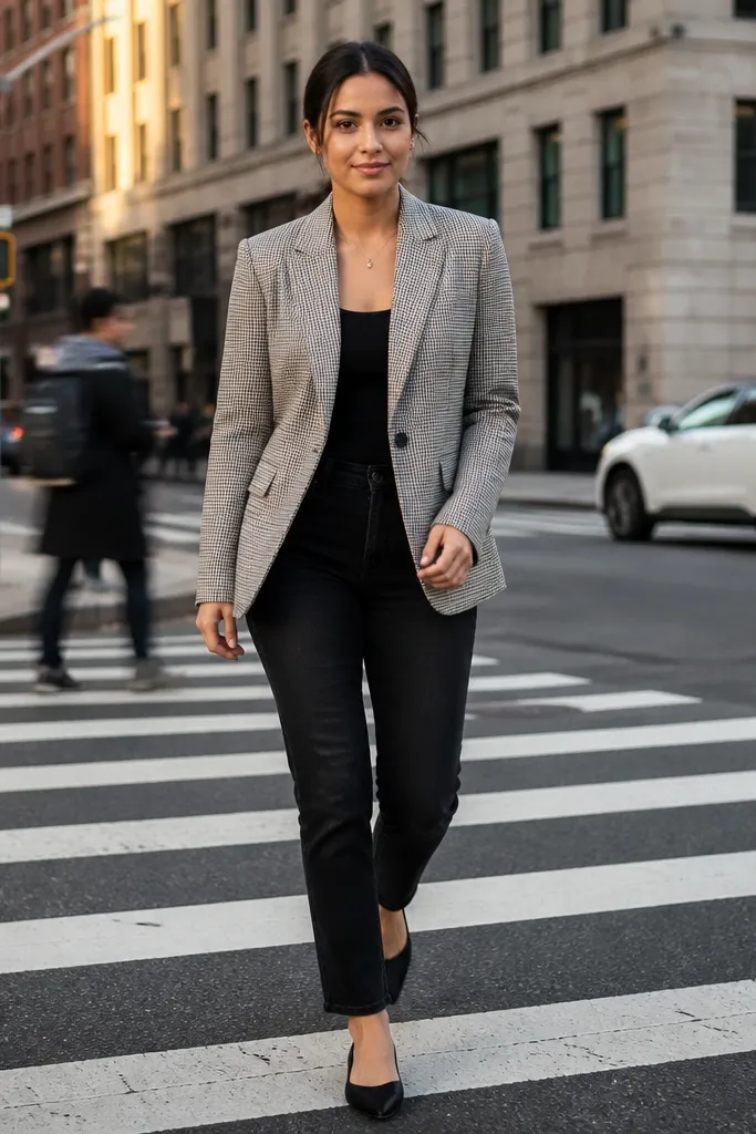 Plaid blazer over black jeans with pointed-toe flats