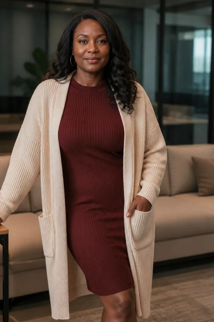 Burgundy knit dress with a long cardigan and heeled ankle boots