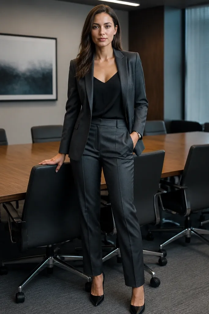 Gray blazer over a black camisole with high-rise trousers
