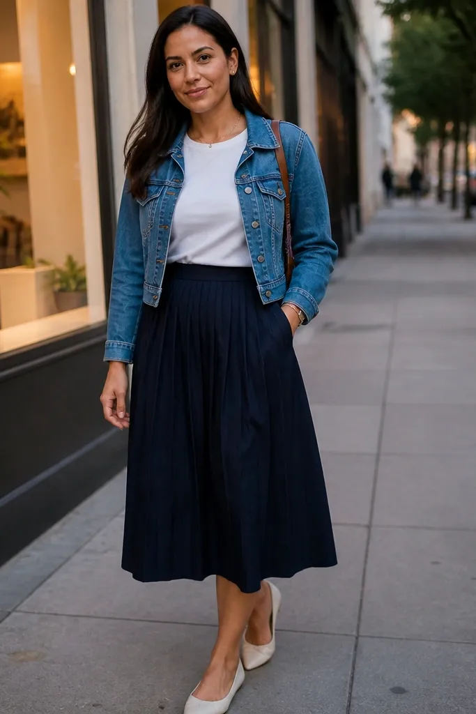 White tee with a navy midi skirt and cropped denim jacket