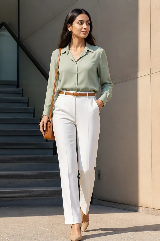 Sage blouse with white trousers and cognac belt bag