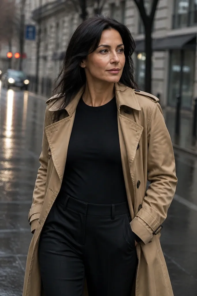 Camel trench over black bodysuit with ankle-length pants and black flats