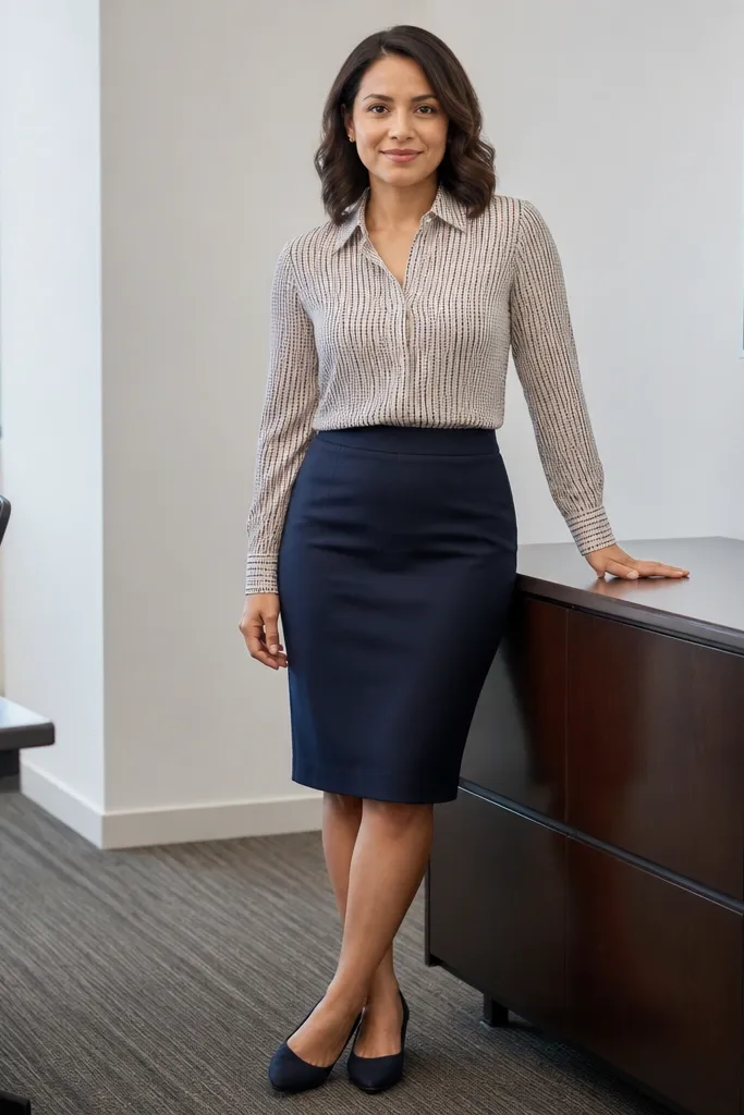 Printed blouse with a solid navy pencil skirt and black pumps