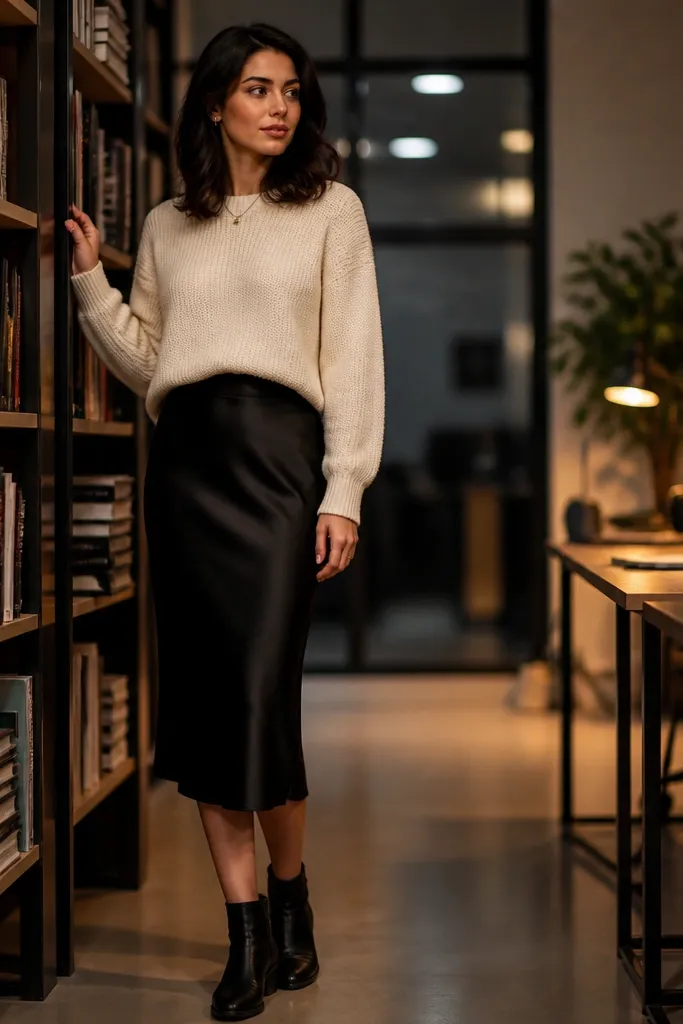 Cream sweater with a black satin midi skirt and loafers