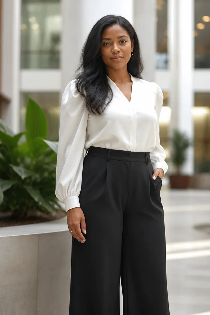 White puff-sleeve blouse with black wide-leg trousers and black heels