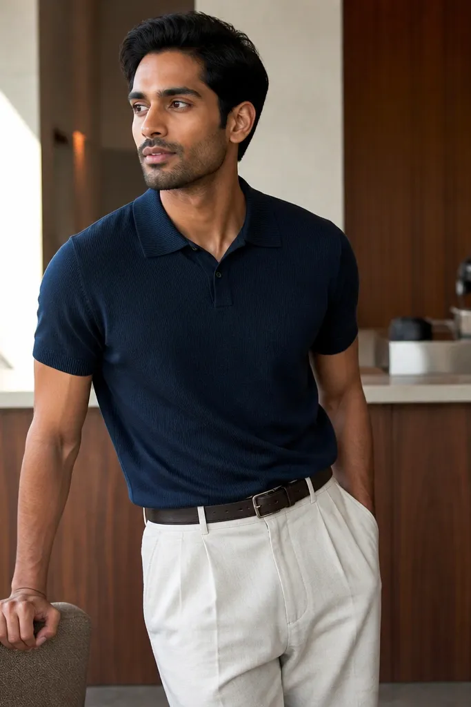 Navy knit polo with cream trousers and a leather belt