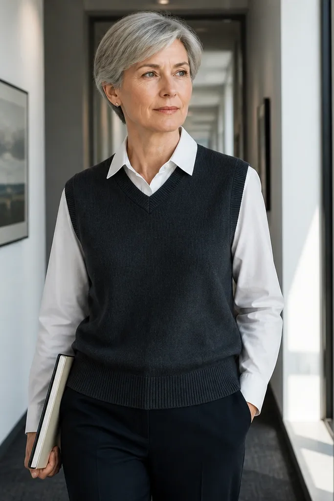 Charcoal sweater vest over white shirt with tailored pants and flats