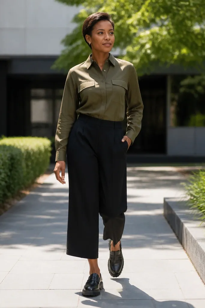 Olive utility shirt with black culottes and dark loafers