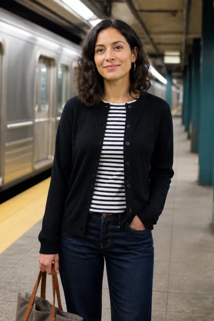 Black cardigan over striped tee with dark denim jeans