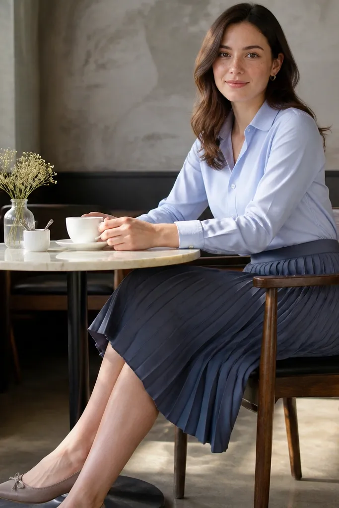 Pastel button-up with pleated midi skirt and ballet flats