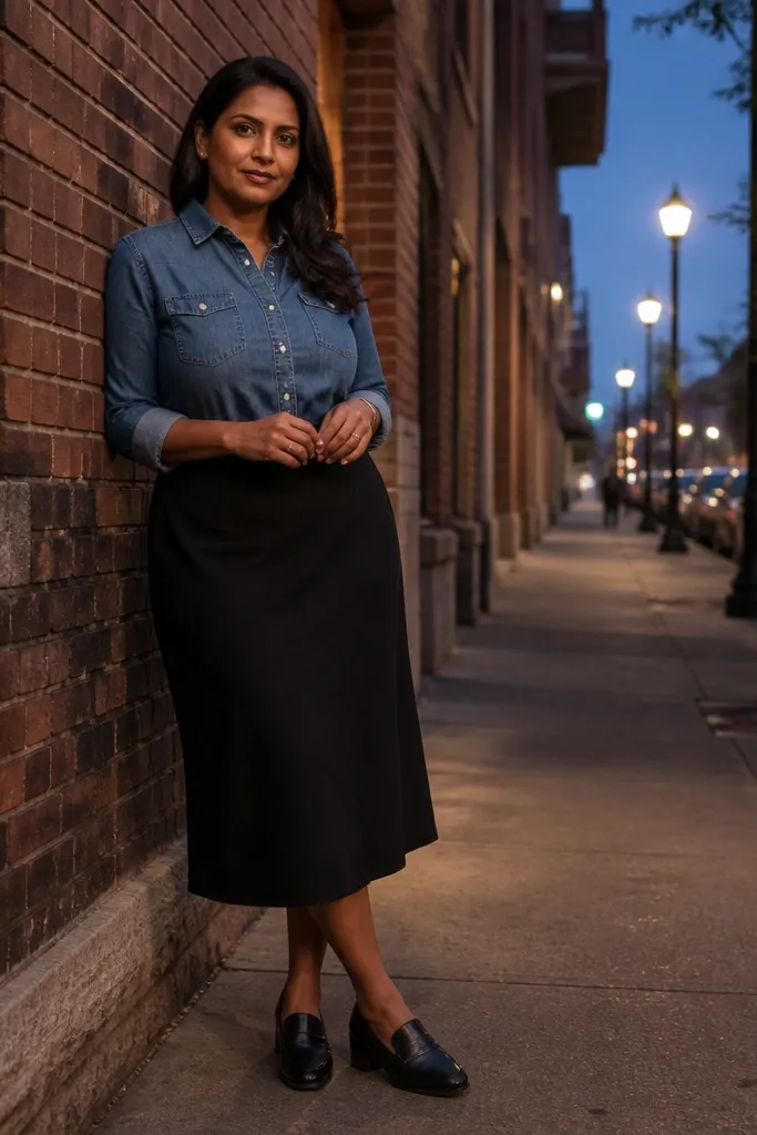 Denim shirt with a black midi skirt and heeled loafers