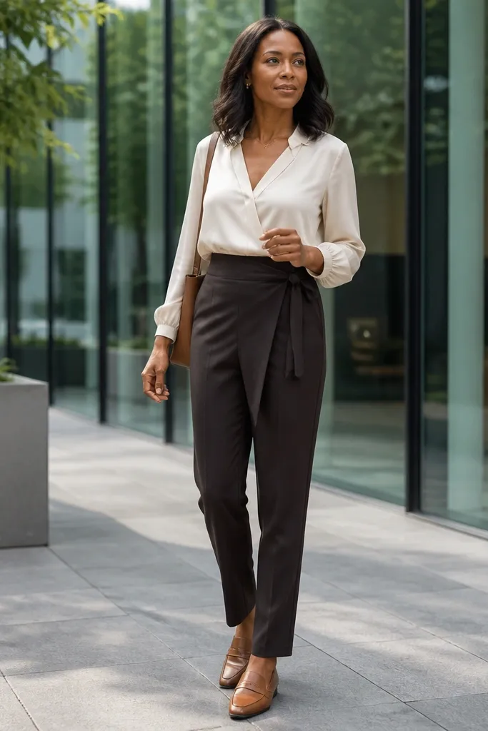 Ivory blouse tucked into espresso wrap trousers with caramel loafers