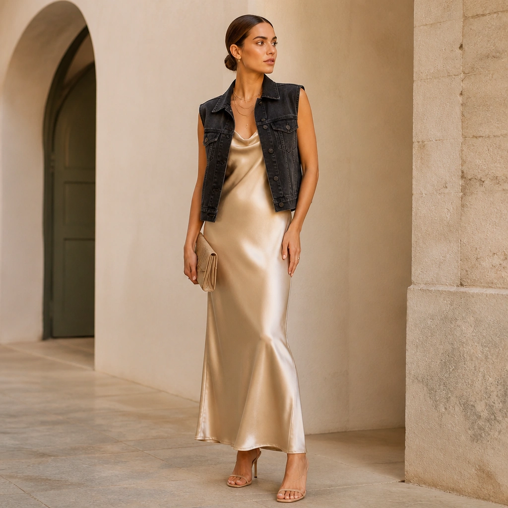Black denim vest layered open over a champagne satin slip dress, styled with thin-strap heeled sandals and a gold layered necklace; hair pulled back and a clutch in warm beige.