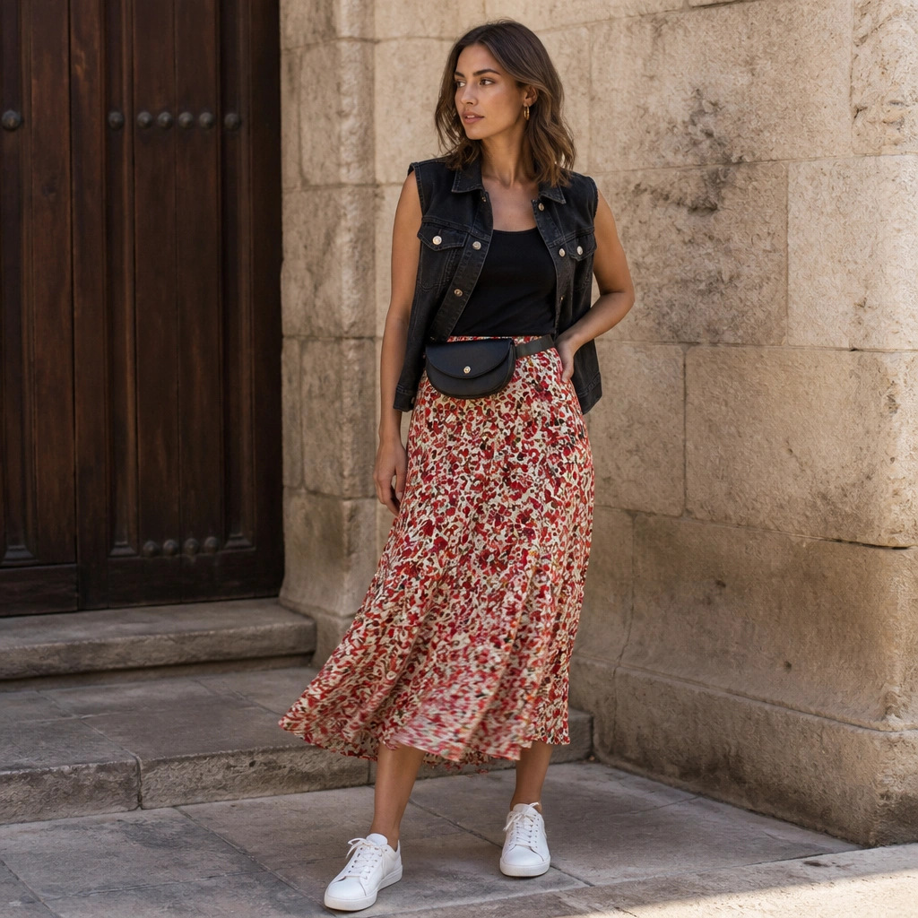 Black jean vest worn over a black fitted tank, paired with a flowy floral midi skirt in red and cream tones, plus clean white low-top sneakers; small hoop earrings and a belt bag.