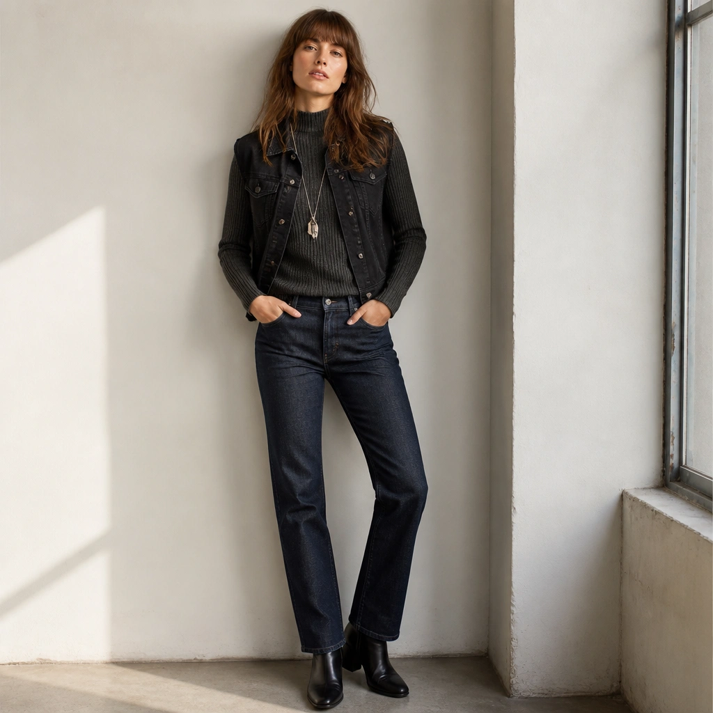 Black denim vest over a ribbed charcoal mock-neck sweater, styled with straight-leg dark wash jeans, black ankle boots, and a long pendant necklace.