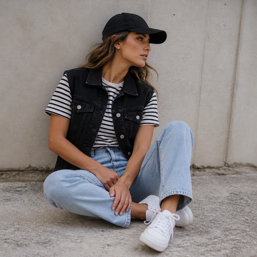 Black denim vest worn open over a black-and-white striped tee, paired with light wash jeans and white sneakers; a black baseball cap and simple studs.