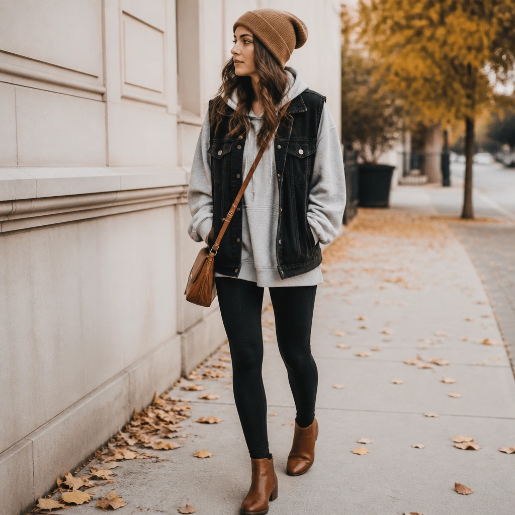 Black jean vest layered over an oversized gray hoodie, worn with black leggings and cognac ankle boots; a crossbody bag and a knit beanie.