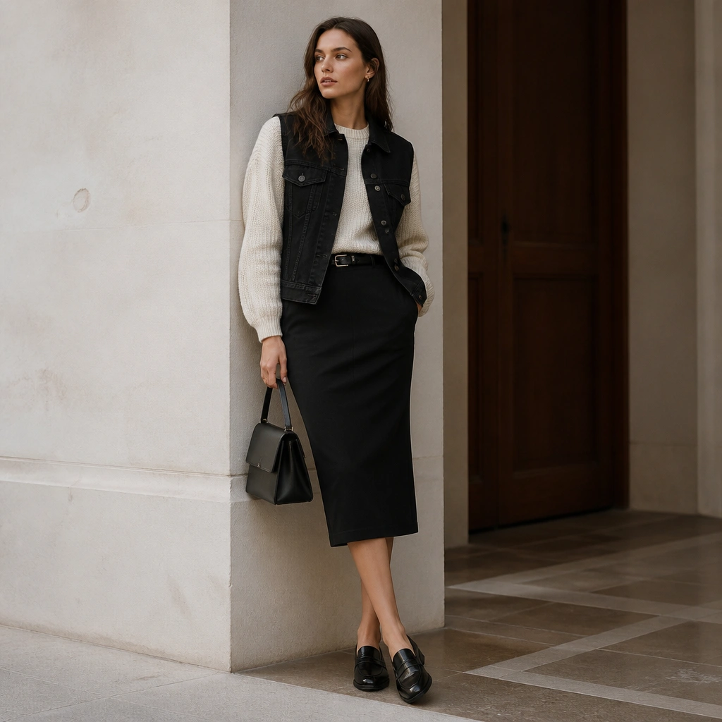 Black jean vest over a cream knit sweater, paired with a black pencil skirt and sleek black loafers; a small structured handbag and thin belt.