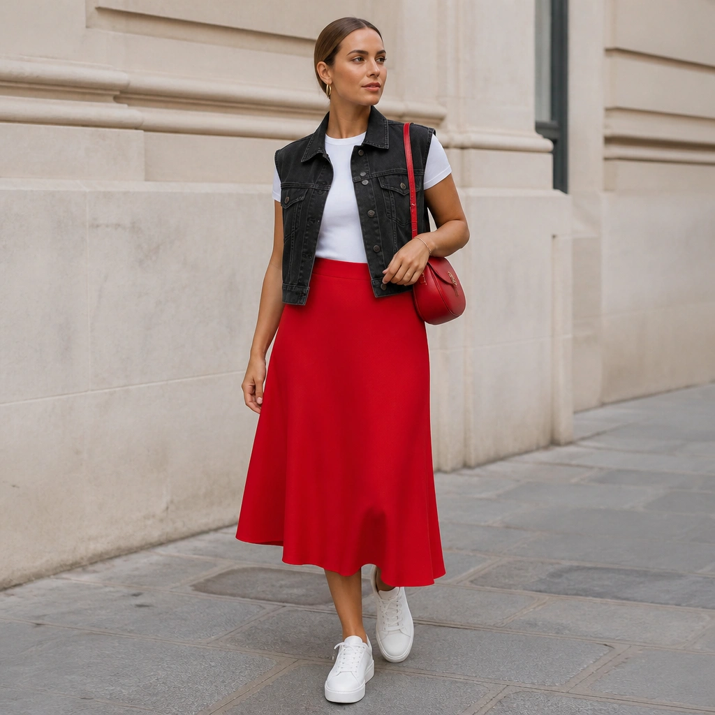 Black denim vest worn open over a plain white top, paired with a bold red midi skirt; white sneakers and a red mini shoulder bag; gold hoops and neat hair.