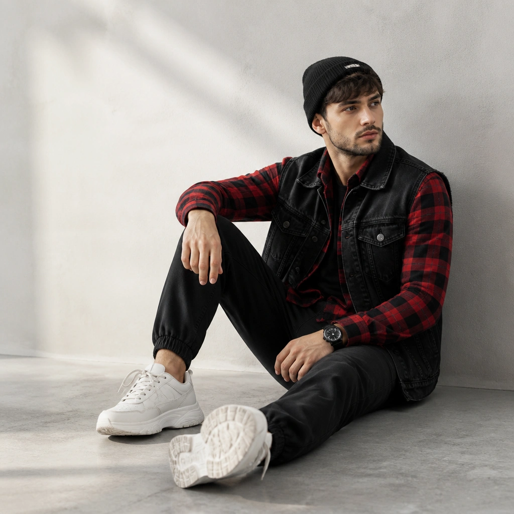 Black denim vest layered over a red-and-black plaid flannel, paired with black joggers and chunky white sneakers; beanie and a simple watch.
