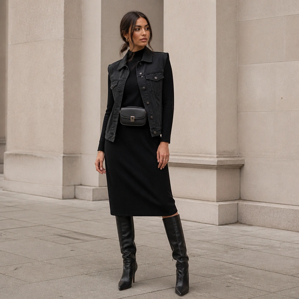 Black denim vest worn over a black knit long-sleeve dress, paired with knee-high black boots; minimal jewelry and a structured belt bag.
