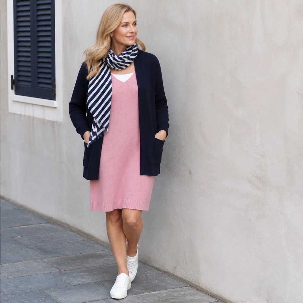 A pink sweater dress with a navy cardigan worn open, showing a layered neckline. The outfit includes white sneakers and a navy-and-white striped scarf.