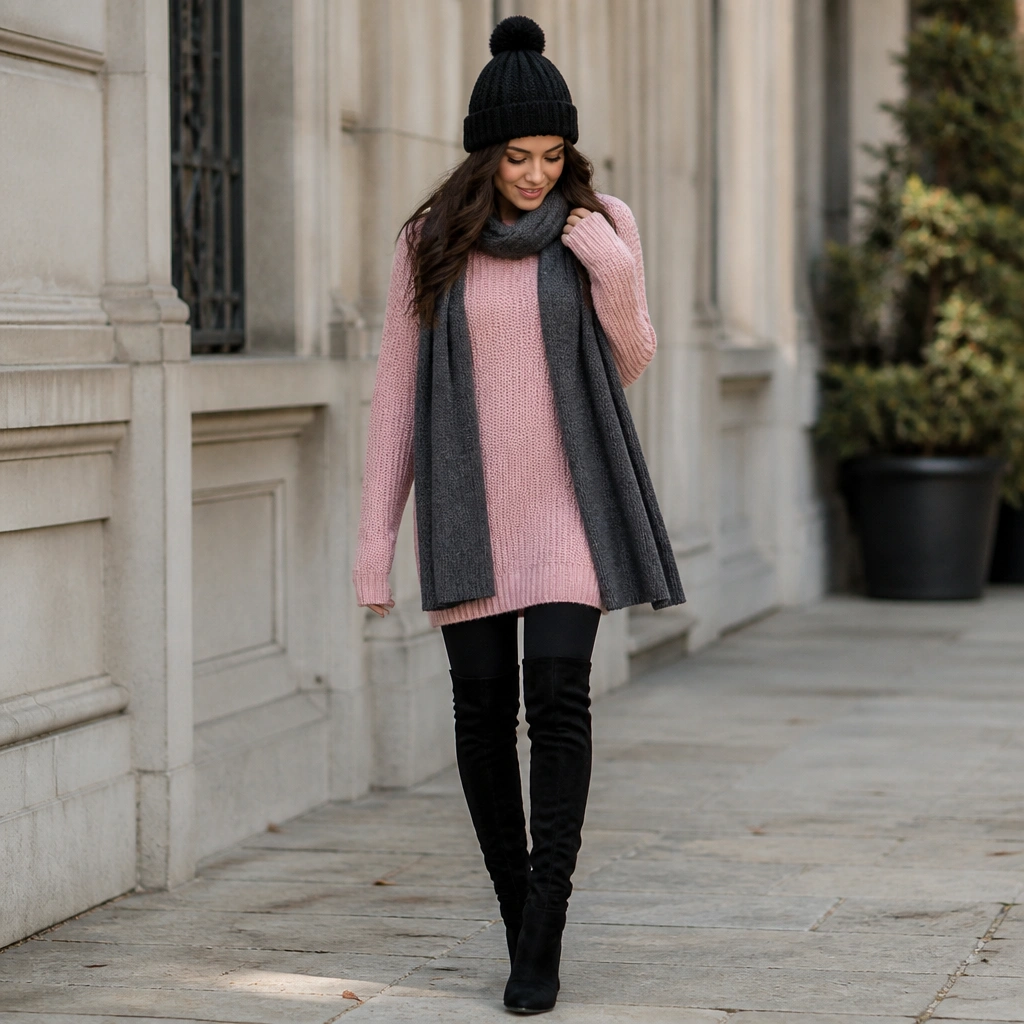 A pink sweater dress styled over black leggings with over-the-knee boots. A black knit beanie and a long scarf in charcoal gray are shown.