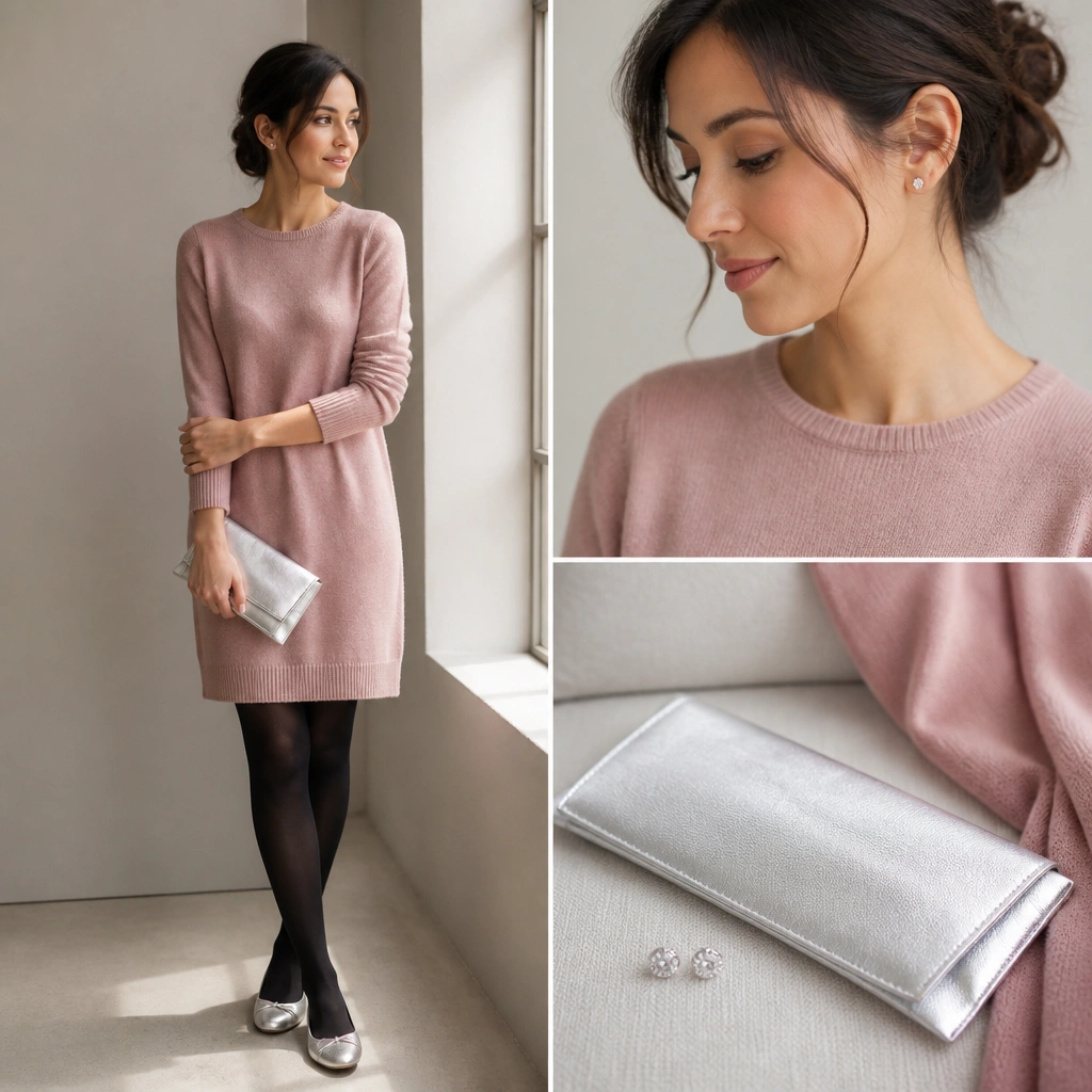 A dusty pink sweater dress with black tights and silver ballet flats. A silver clutch and small stud earrings are shown, with the neckline kept simple.