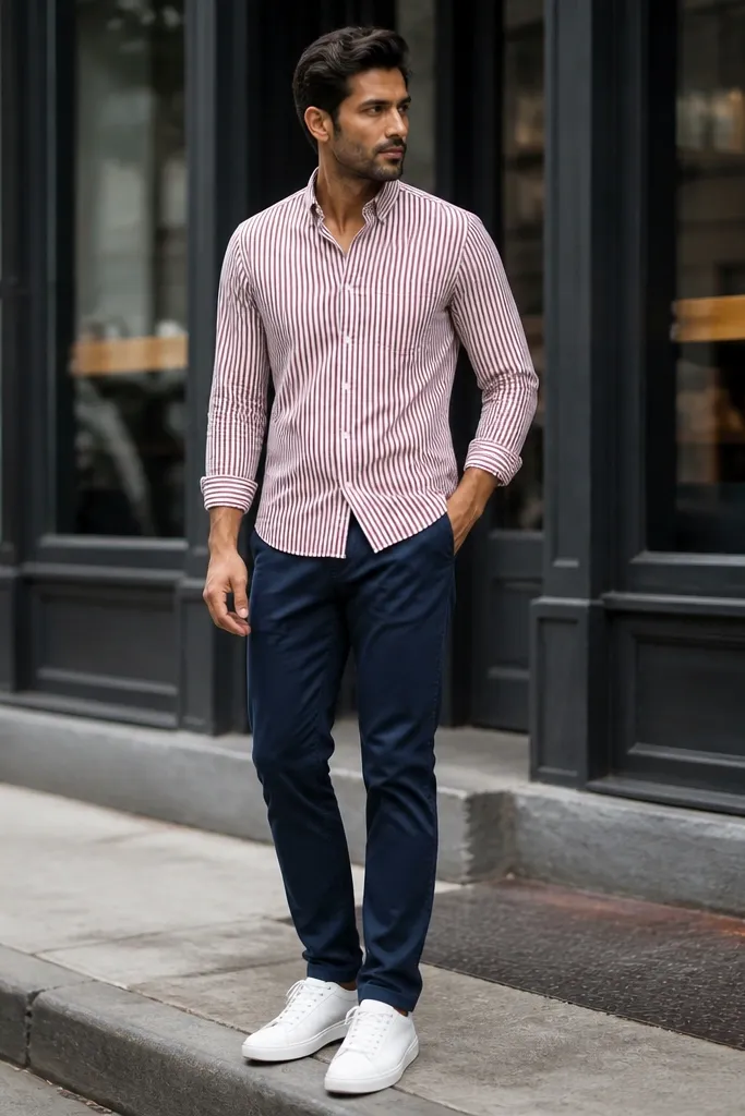 Red and white striped shirt with navy chinos and white sneakers