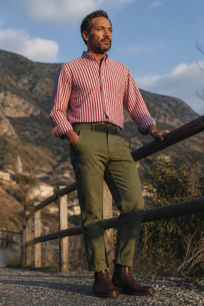 Red and white striped shirt with olive pants and dark brown boots