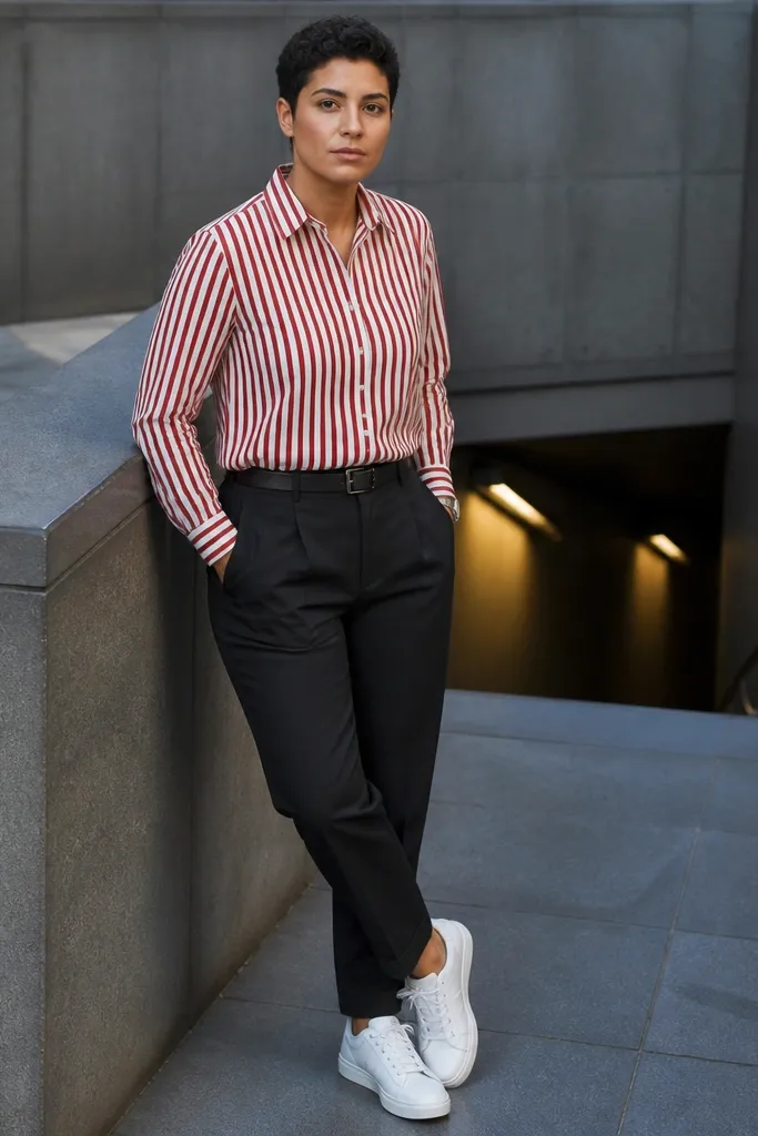 Red and white striped shirt with black slim trousers and white sneakers