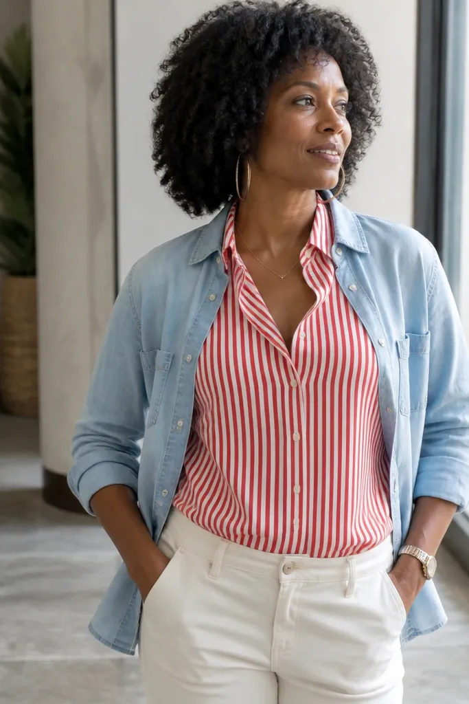 Red and white striped shirt under a light blue overshirt