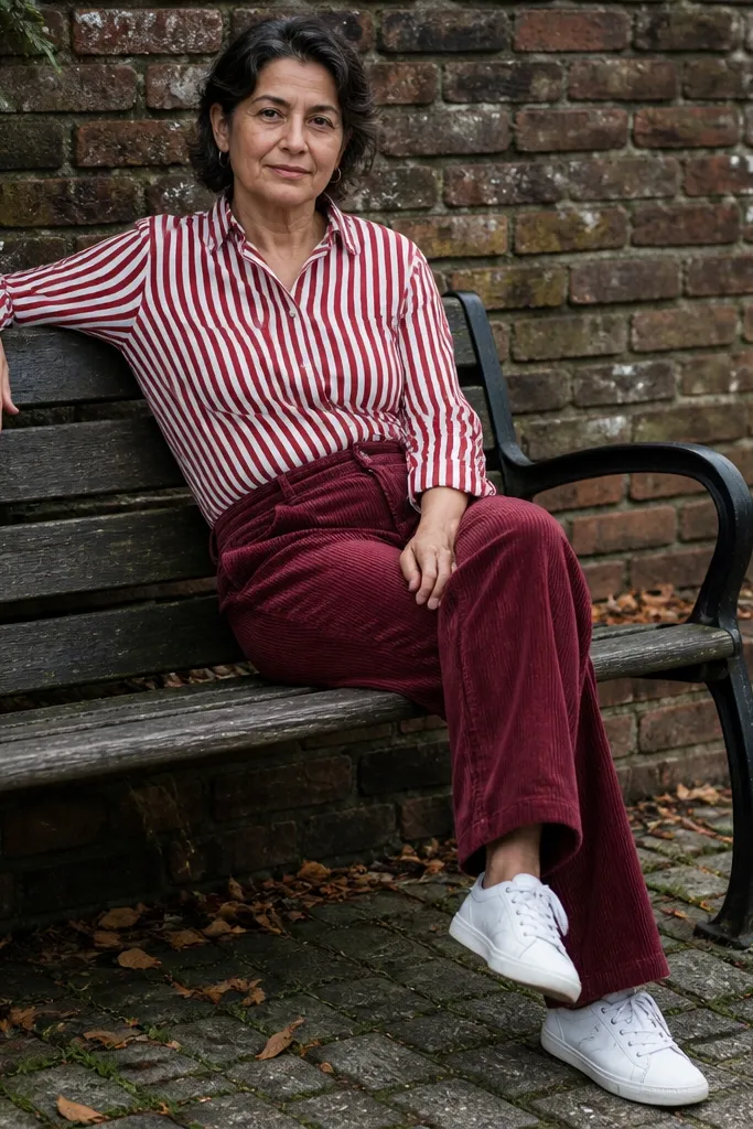 Red and white striped shirt with burgundy corduroy pants and white trainers