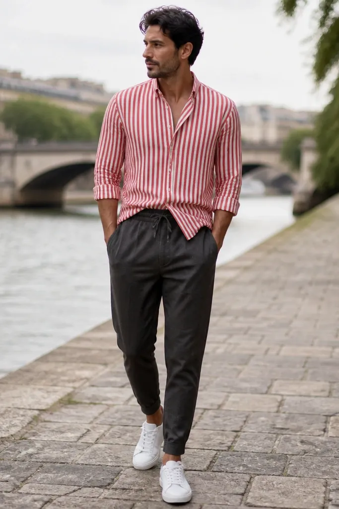Red and white striped shirt with charcoal joggers and low-top sneakers