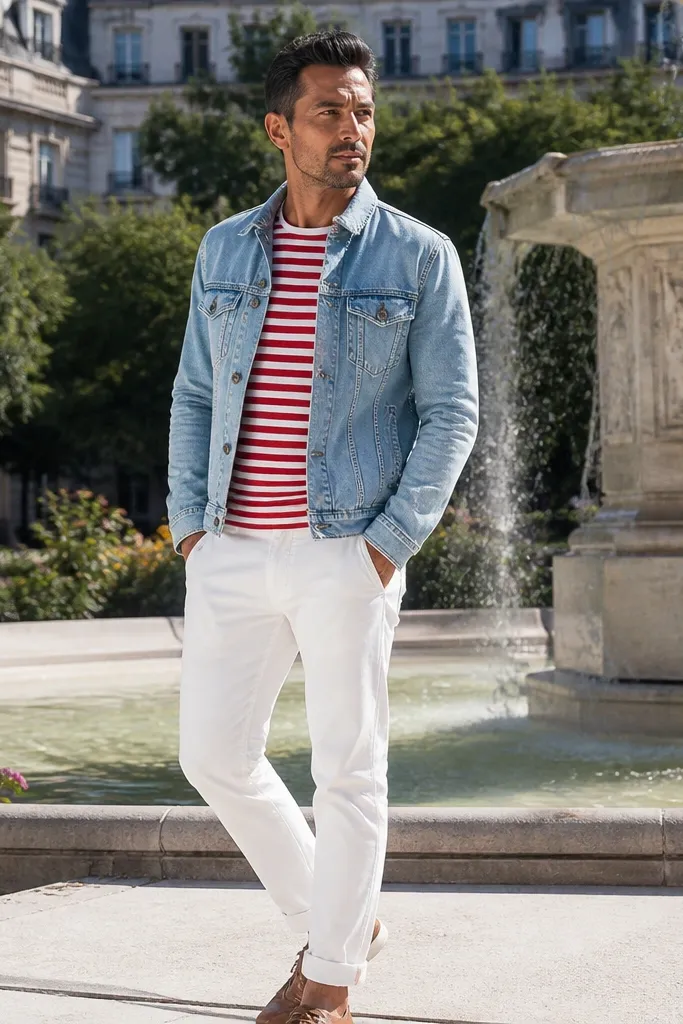 Red and white striped shirt with white pants and a light denim jacket