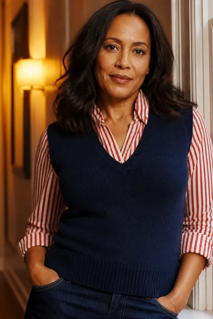 Red and white striped shirt with a navy sweater vest and dark jeans