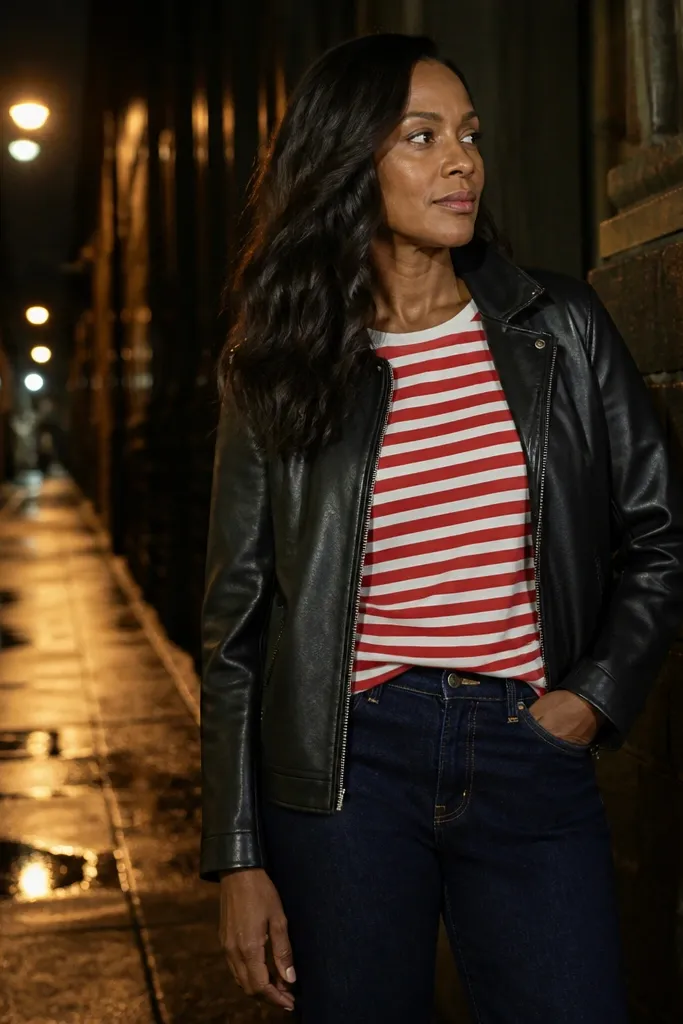 Red and white striped shirt with a black leather jacket and straight jeans