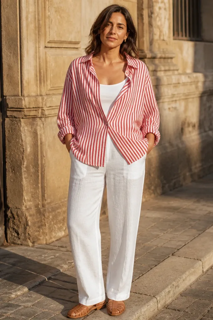Red and white striped shirt with white linen trousers and tan loafers