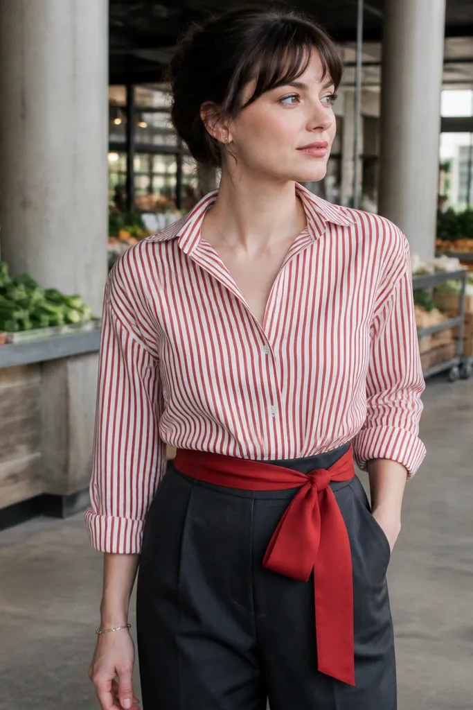 Red and white striped shirt with solid dark pants and a red accent belt