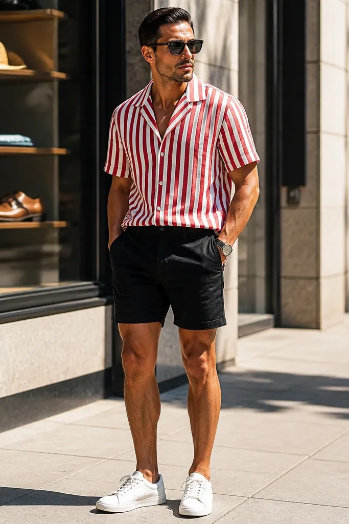 Red and white striped shirt with black shorts and white low sneakers