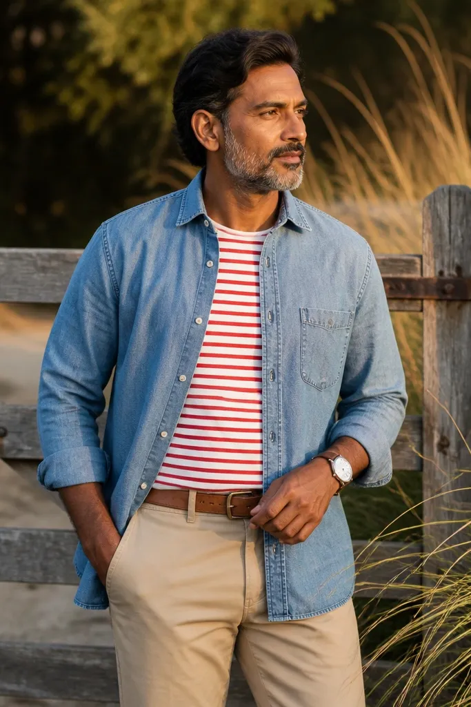 Red and white striped shirt with khaki chinos and light chambray layer