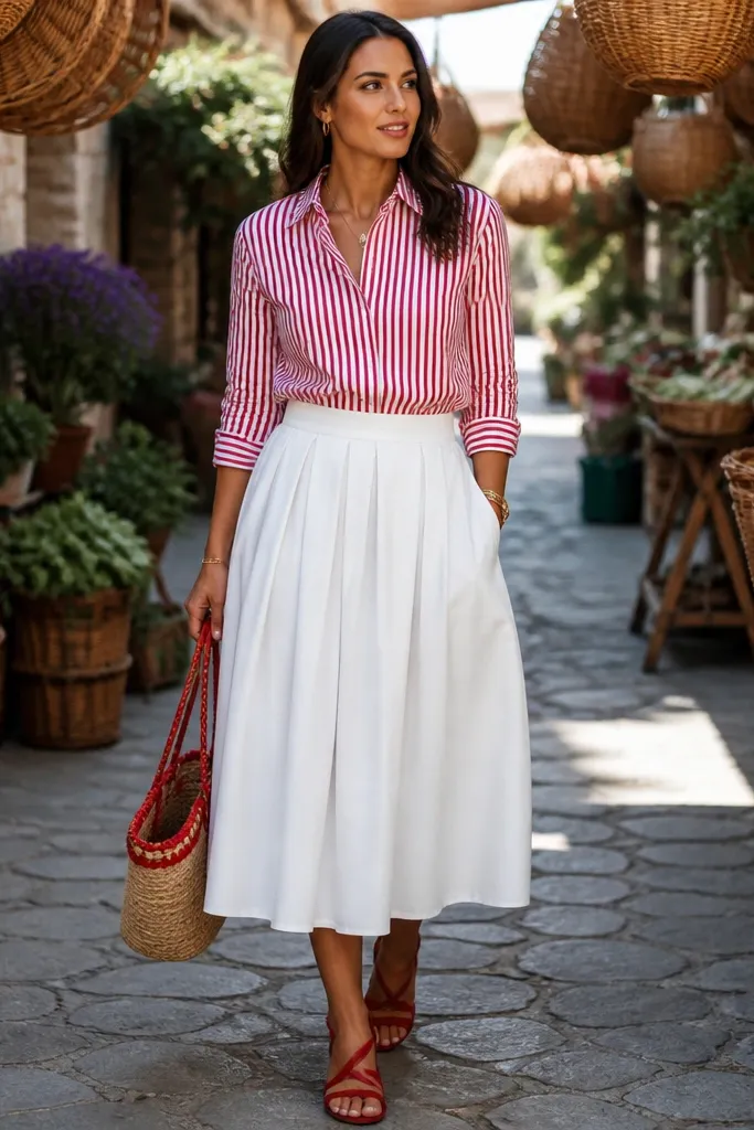 Red and white striped shirt with a white skirt and red sandals