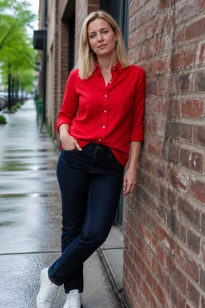 Cherry red button-up with dark indigo jeans and white sneakers