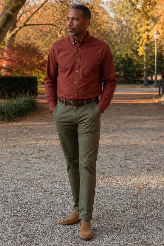 Brick red shirt with olive chinos and tan suede loafers