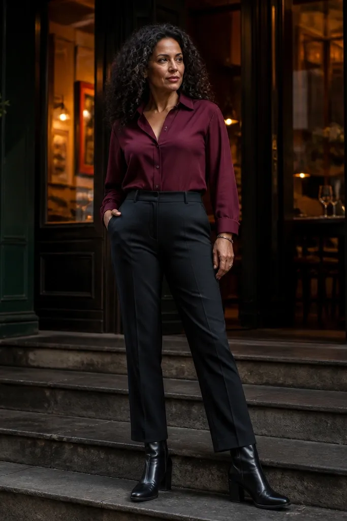 Wine red shirt with charcoal trousers and black leather boots